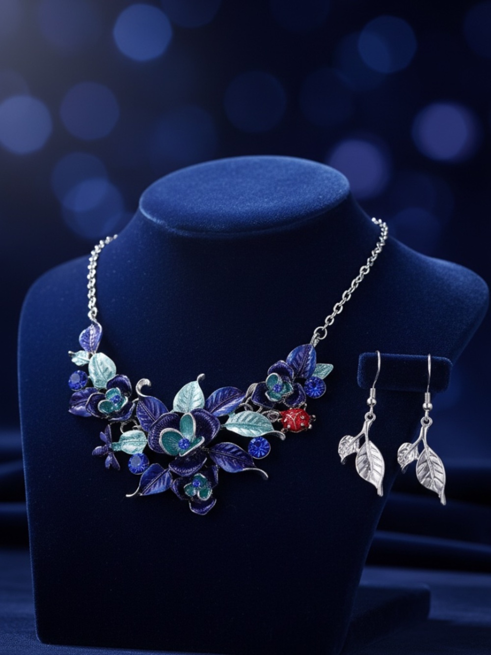 Womens Silver &‎ Blue Flower Necklace and Earrings Set